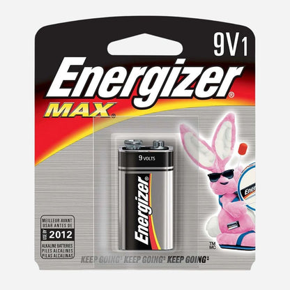 Energizer Max 9V battery packaging with a cartoon bunny character on a white background