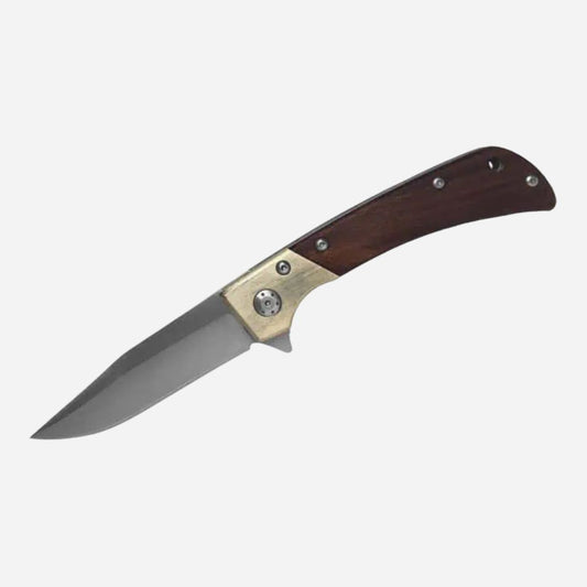 Folding knife with wooden handle on a white background