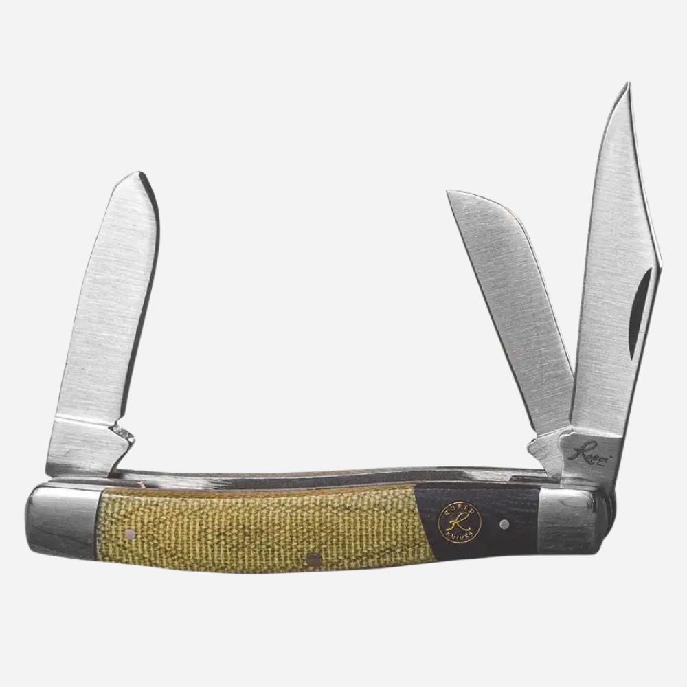 Three-blade pocket knife with a brown handle on a white background