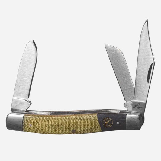 Three-blade pocket knife with a brown handle on a white background