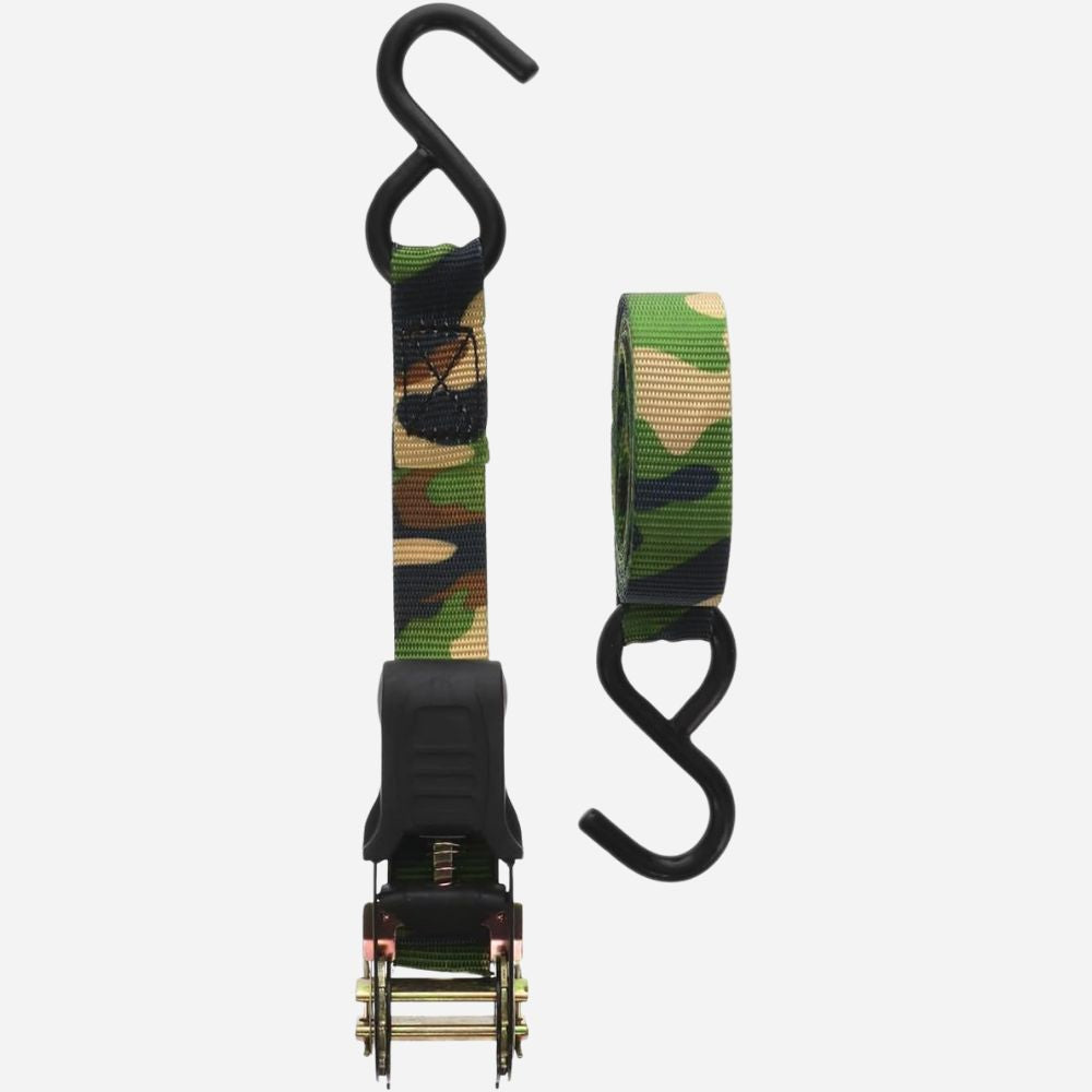 Camouflage ratchet strap with two hooks on a white background