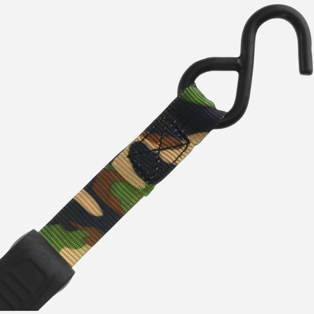 Camouflage strap with a black metal hook on a white background
