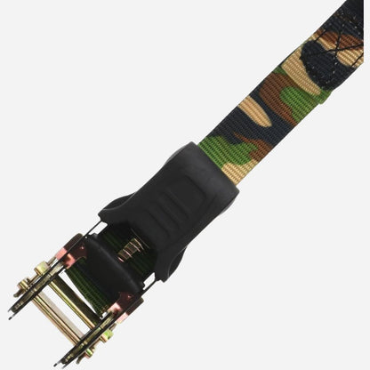 Camouflage-patterned belt with a black buckle on a white background