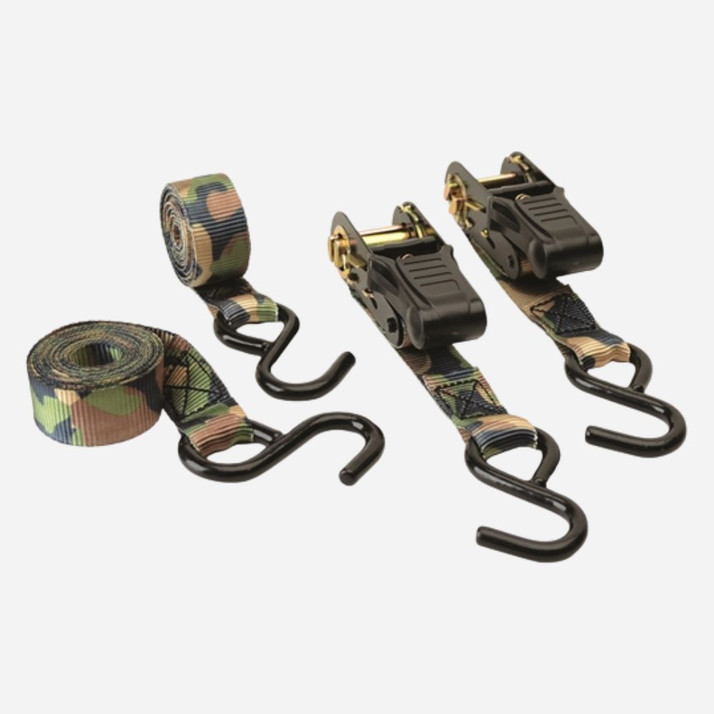 Camouflage cargo straps with hooks on a white background