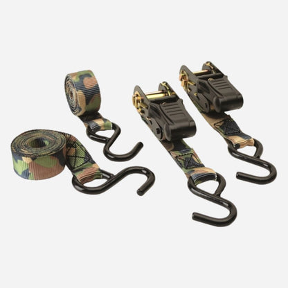 Camouflage cargo straps with hooks on a white background