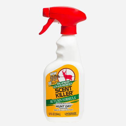 Spray bottle labeled 'Super Charged Scent Killer' on a white background
