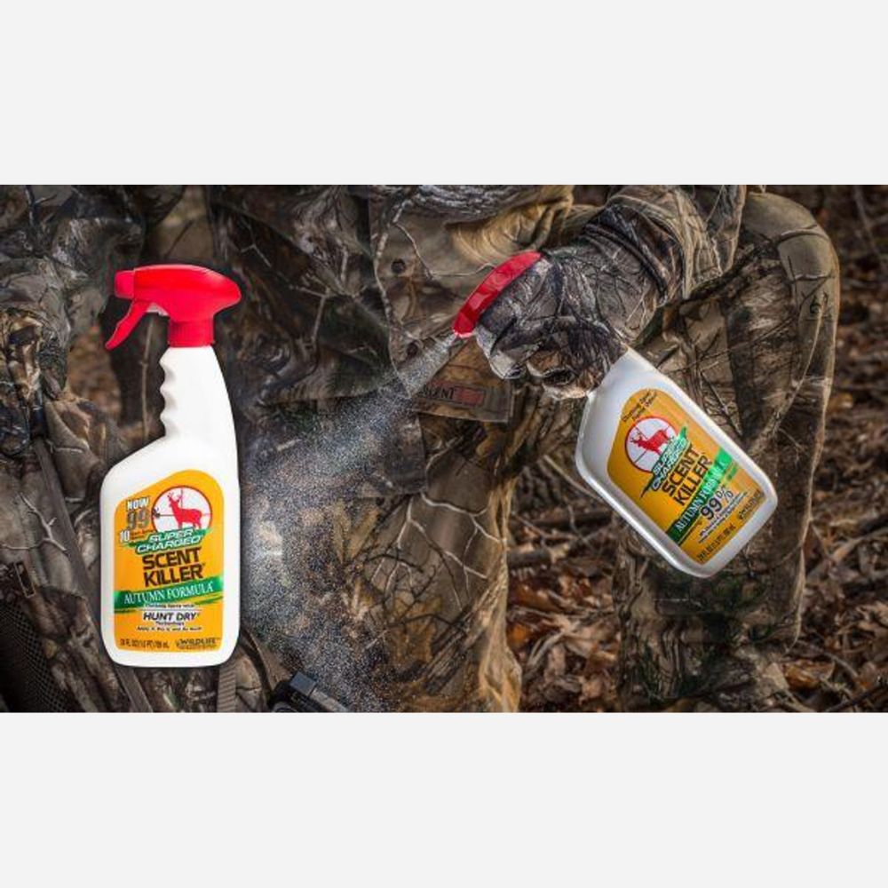 Person in camouflage holding a spray bottle labeled 'Scent Killer' with another bottle in the foreground.
