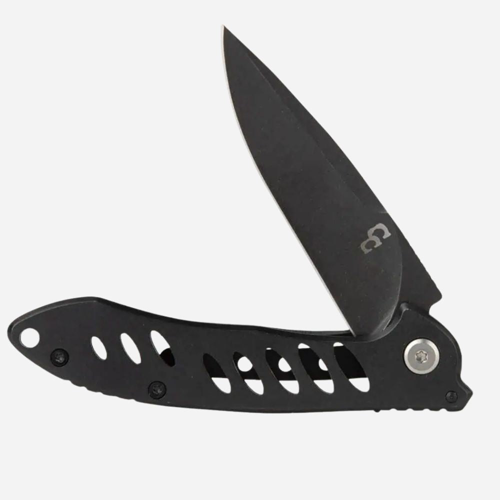 Black folding knife with a visible brand logo on a white background