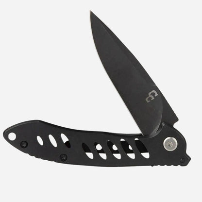 Black folding knife with a visible brand logo on a white background