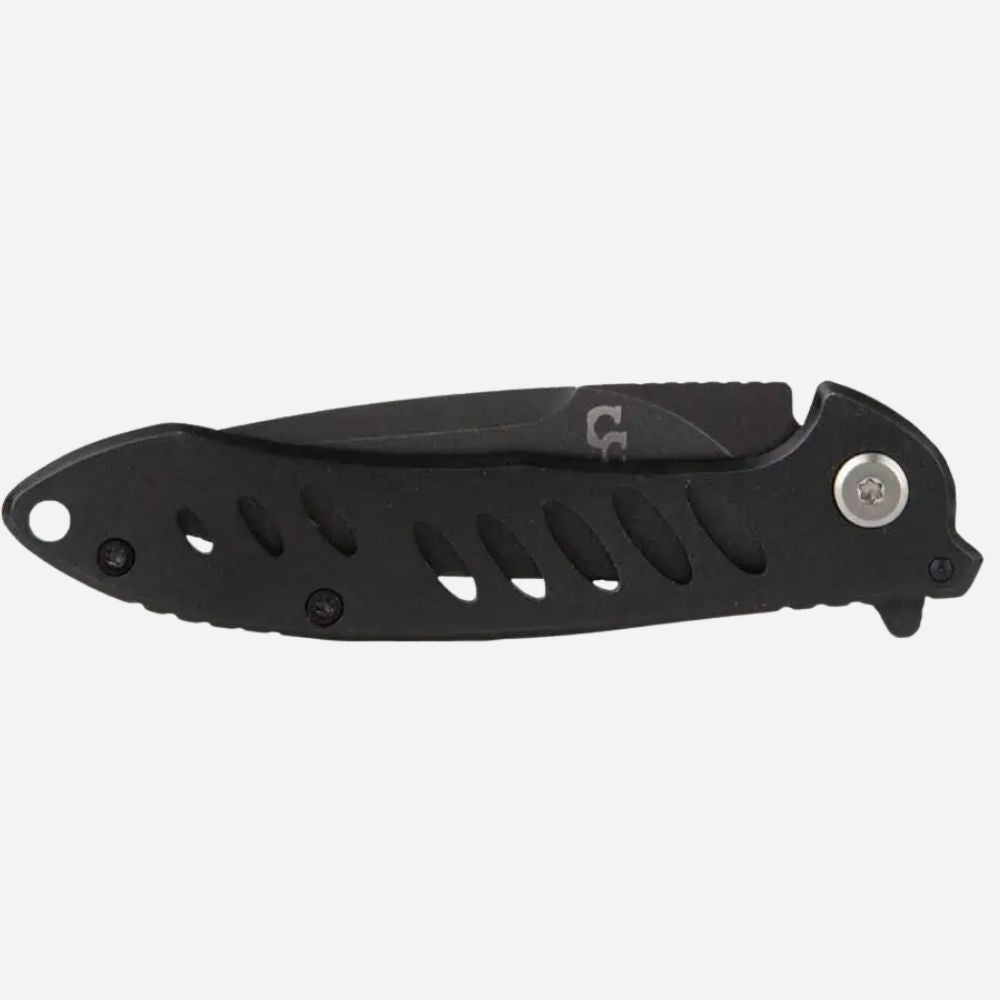 Black folding knife with a visible brand logo on a white background