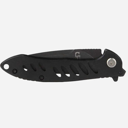 Black folding knife with a visible brand logo on a white background