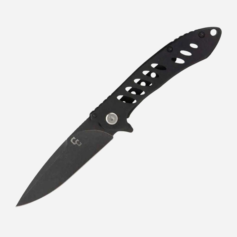 Black folding knife with a textured handle on a white background