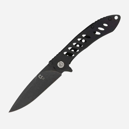 Black folding knife with a textured handle on a white background