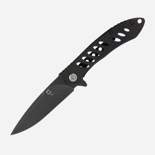 Black folding knife with a textured handle on a white background