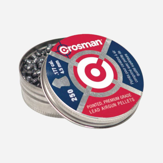 Crosman pellet tin with visible pellets on a white background