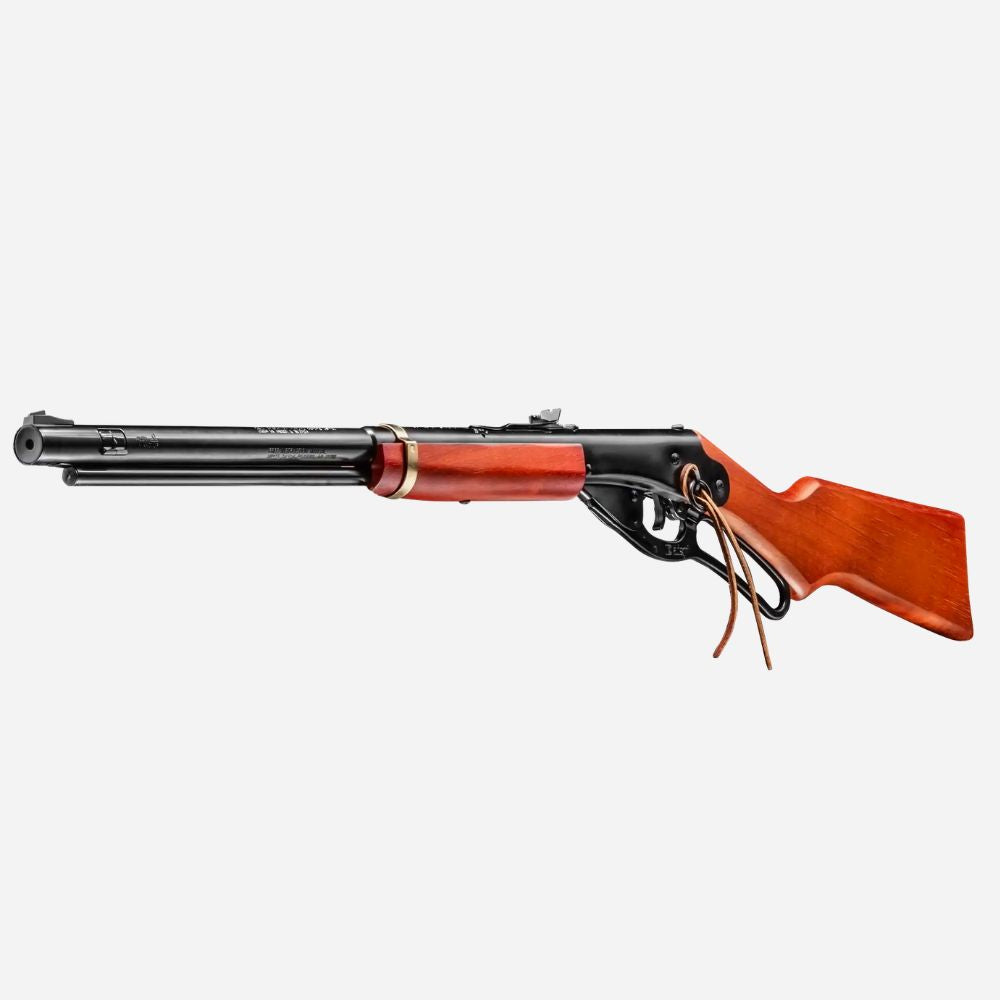 Toy rifle with wooden stock and red accents on a white background