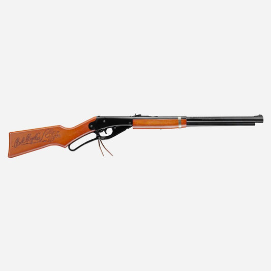Toy gun with wooden stock and black barrel on a white background