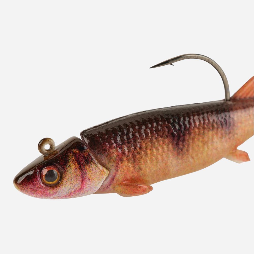 Fishing lure resembling a fish with a hook on a white background