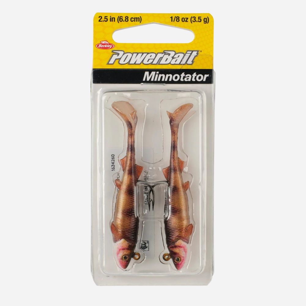 Packaged PowerBait Minnotator fishing lures with a clear front on a white background