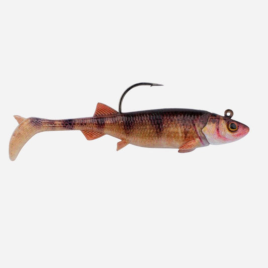 Fishing lure shaped like a fish with a hook on a white background