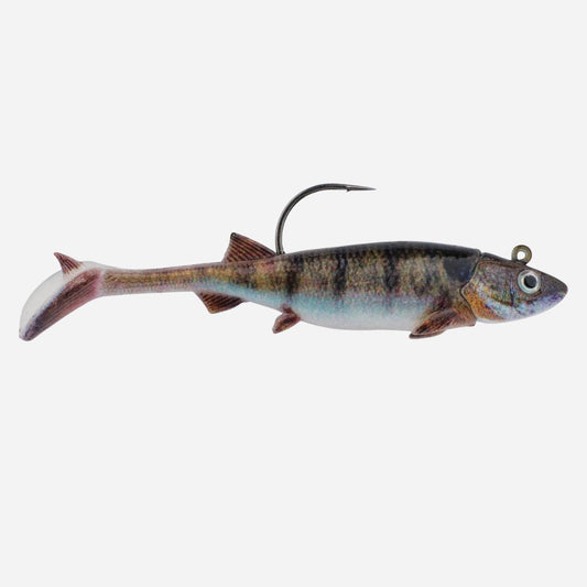 Fishing lure shaped like a fish with a hook on a white background