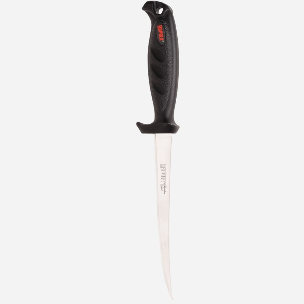 Fillet knife with black handle and visible brand logo on a white background