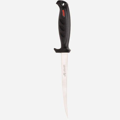 Fillet knife with black handle and visible brand logo on a white background