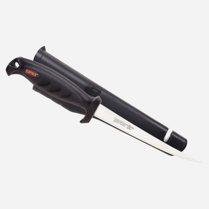 Black and silver knife with a visible brand logo on a white background