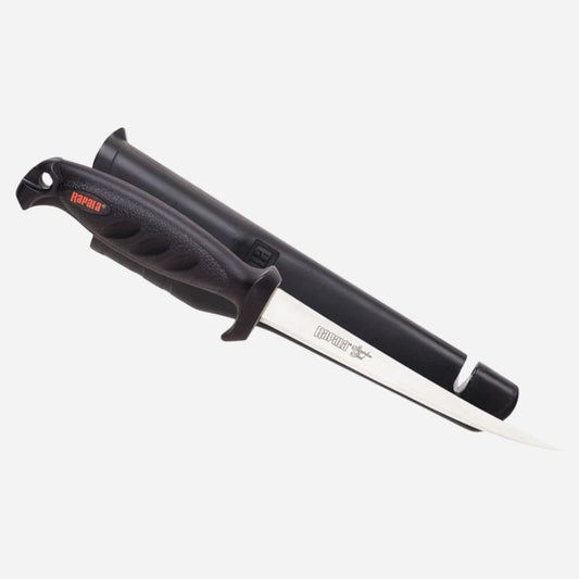Black and silver knife with a visible brand logo on a white background