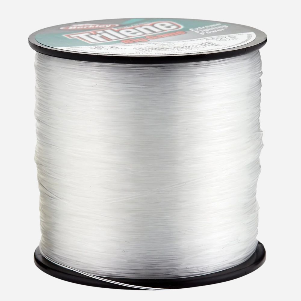 Spool of fishing line with a brand label on a white background