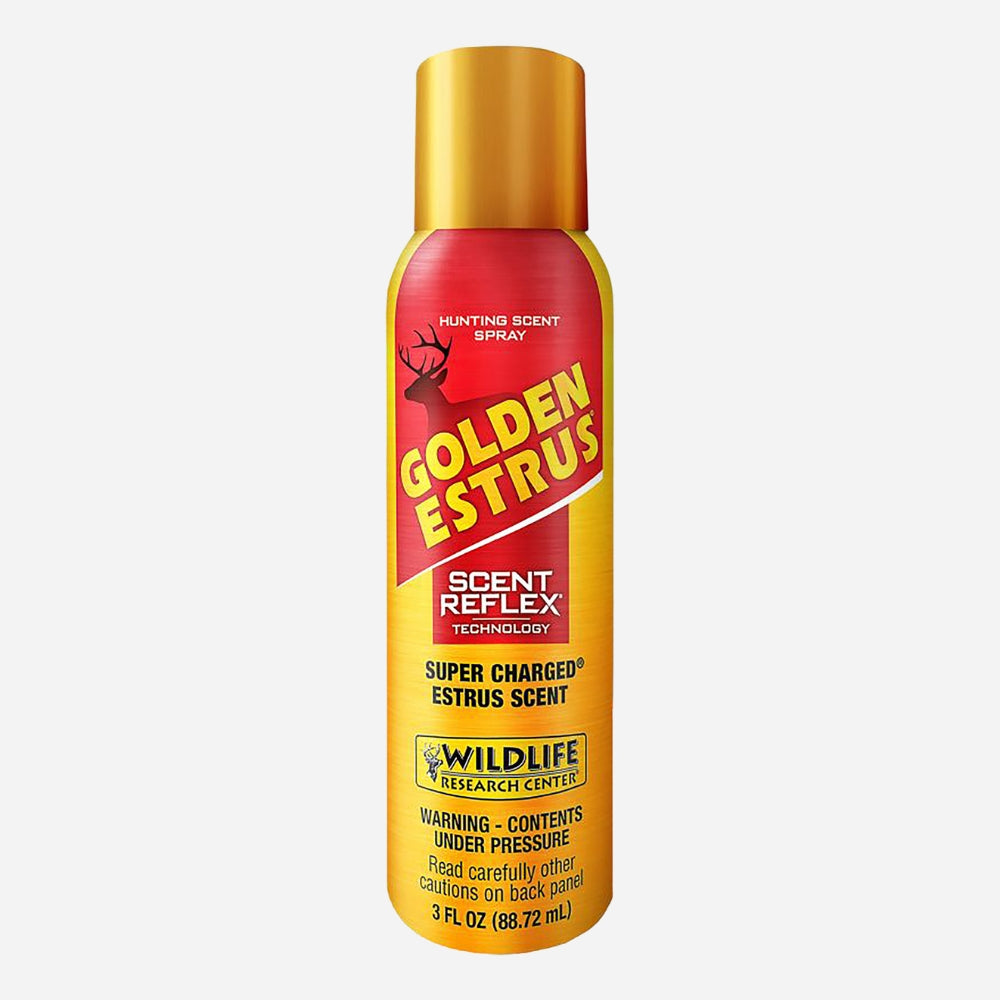 Spray can labeled 'Golden Estrus' on a white background