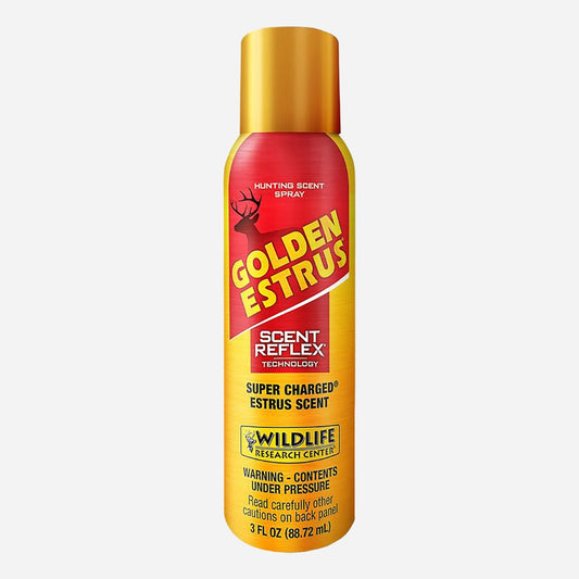 Spray can labeled 'Golden Estrus' on a white background