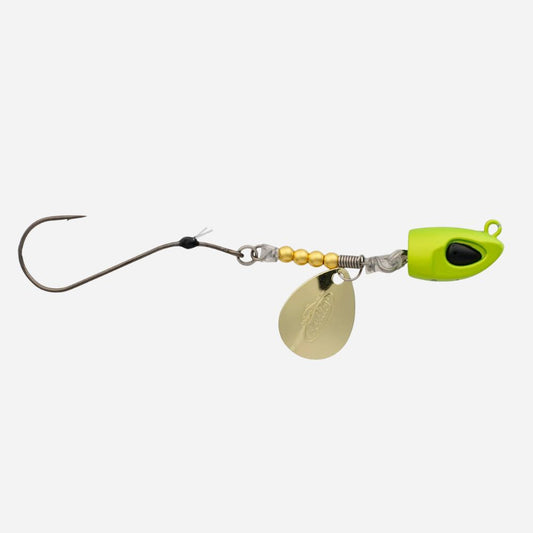 Fishing lure with a green body and gold blade on a white background