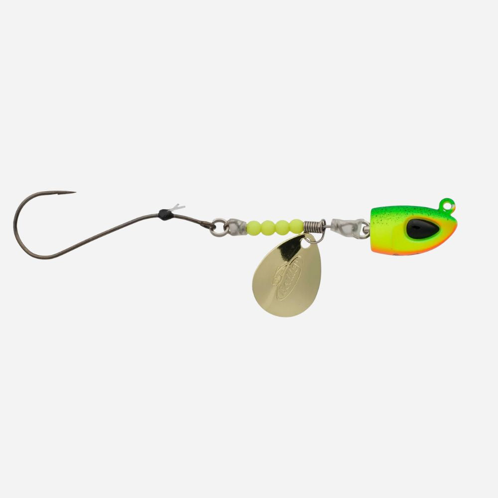Fishing lure with a green and orange blade on a white background