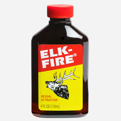 Bottle of Elk-Fire sexual attractant with red cap and colorful label on a white background