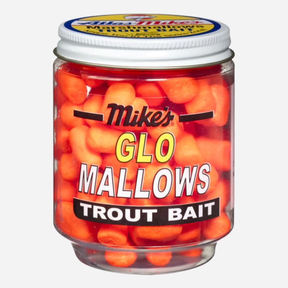 Jar of Mike's Glo Mallows Trout Bait with visible brand labels on a white background