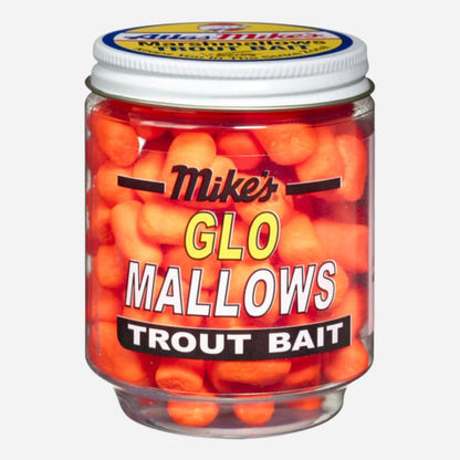 Jar of Mike's Glo Mallows Trout Bait with visible brand labels on a white background