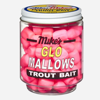 Jar of pink Mike's Glo Mallows Trout Bait with visible branding on a white background