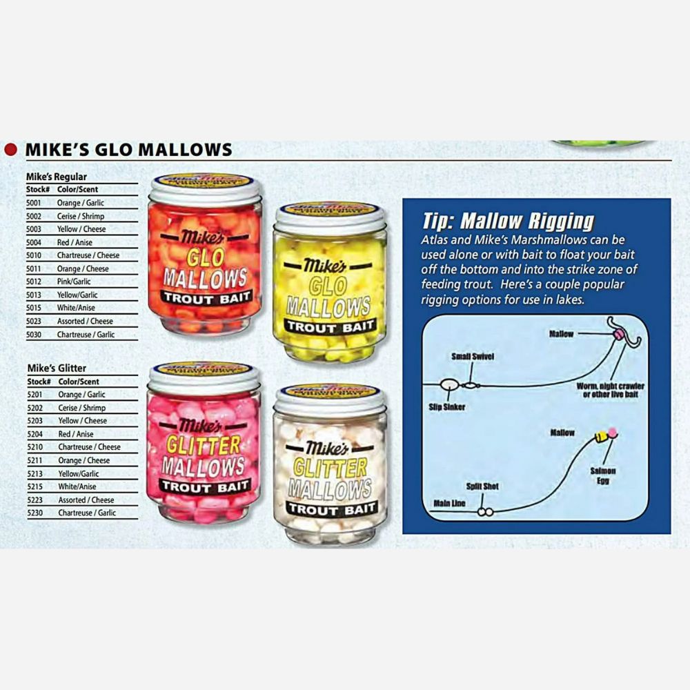 Collection of Mike's Glo Mallows and Glitter Mallows trout bait containers with a diagram on a white background.