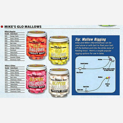 Collection of Mike's Glo Mallows and Glitter Mallows trout bait containers with a diagram on a white background.