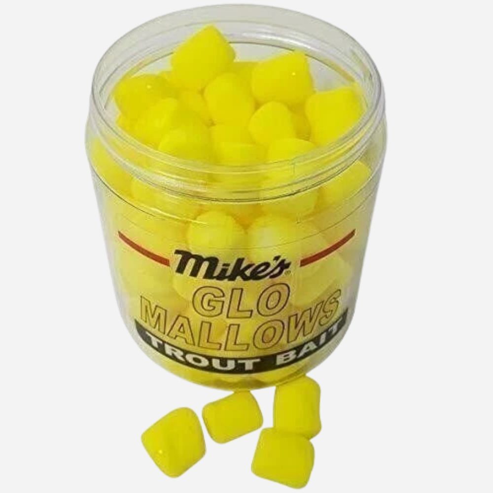 Jar of yellow glo mallows with 'Mike's' branding on a white background