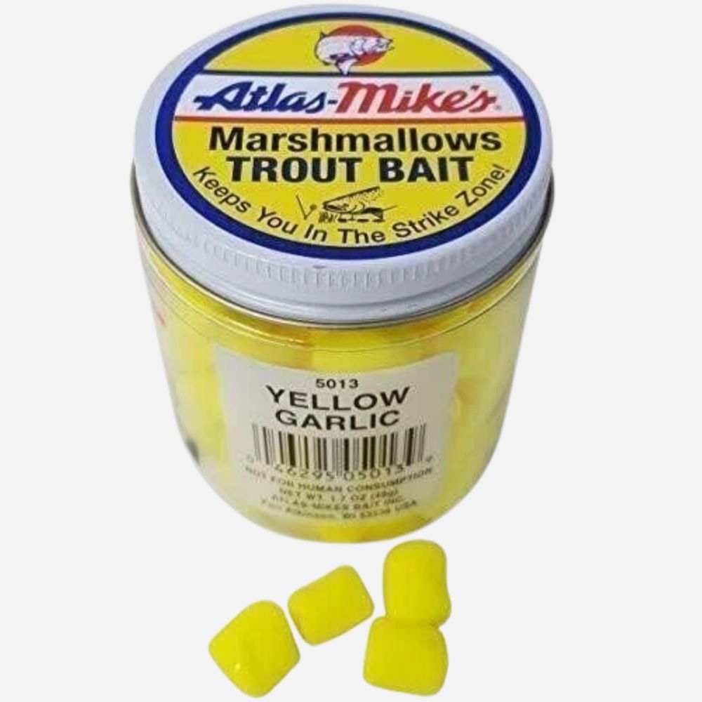 Jar of Atlas Mike's Marshmallows Trout Bait with yellow garlic flavor on a white background