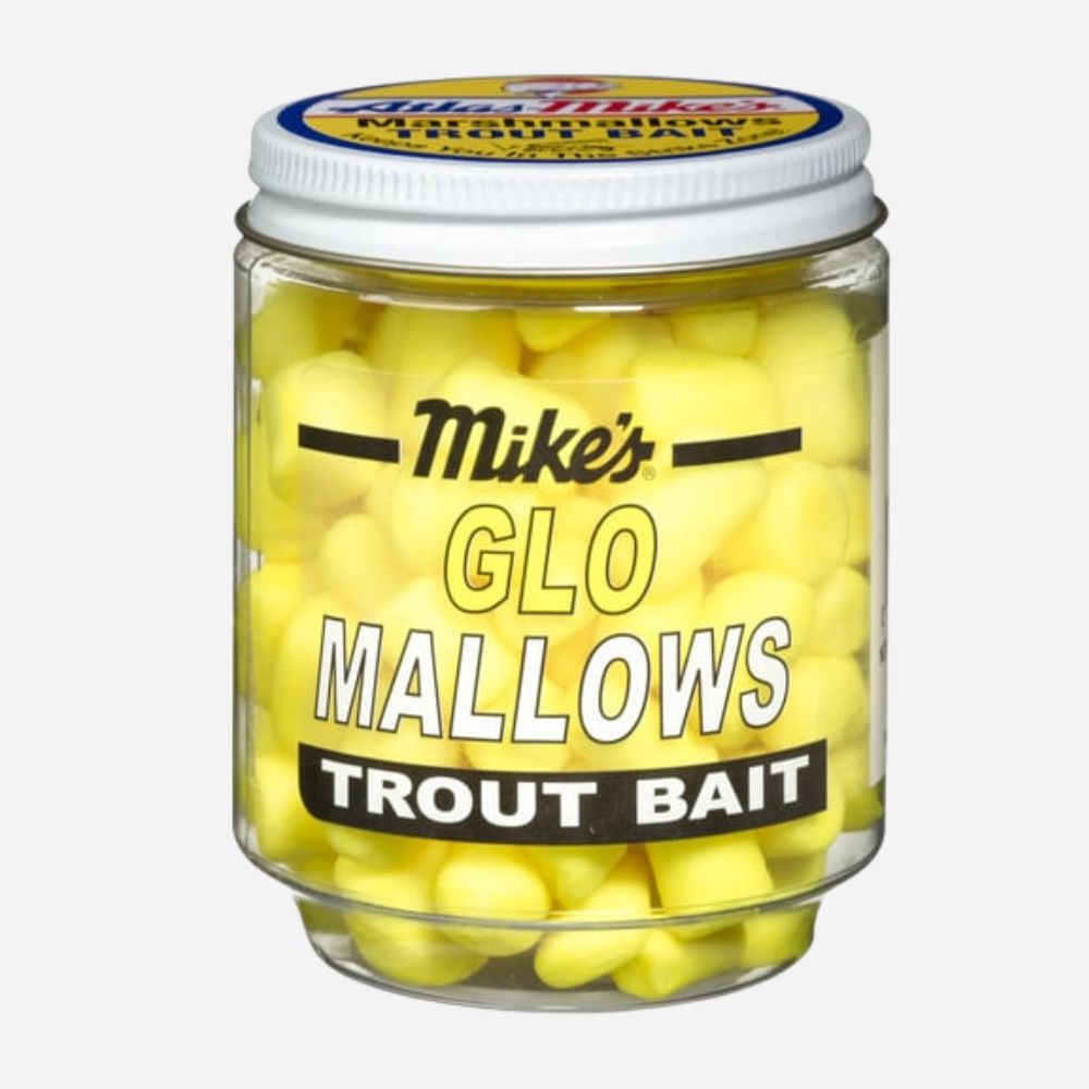 Jar of Mike's Glo Mallows Trout Bait with visible branding on a white background