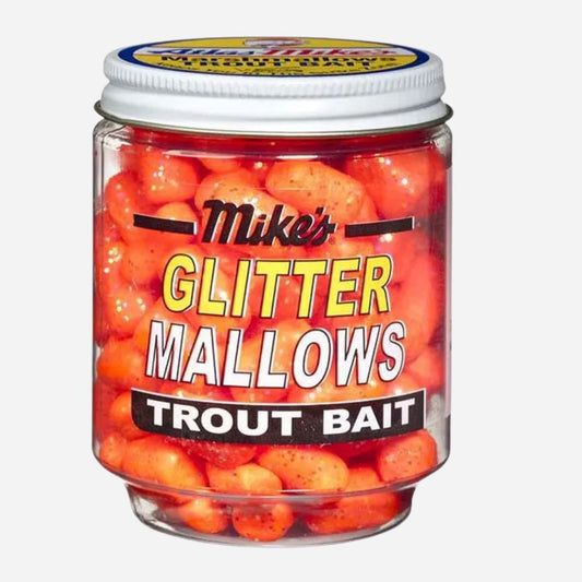 Jar of Mike's Glitter Mallows Trout Bait with orange bait and visible label.