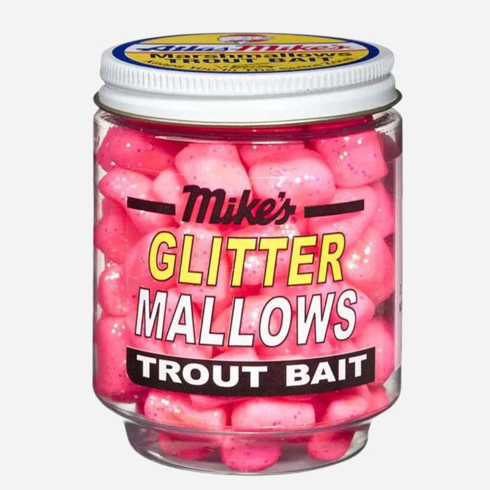 Jar of pink Mike's Glitter Mallows Trout Bait with visible branding on a white background