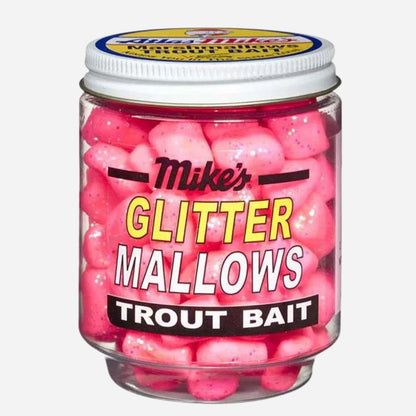 Jar of pink Mike's Glitter Mallows Trout Bait with visible branding on a white background