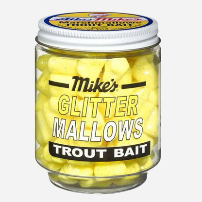 Jar of Mike's Glitter Mallows Trout Bait with visible branding on a white background