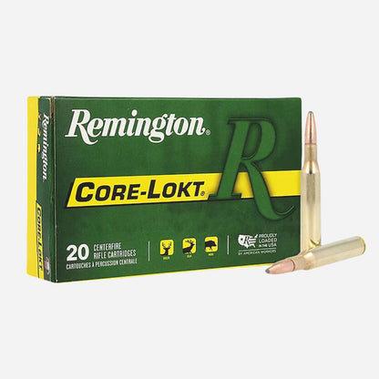 Remington Core-Lokt ammunition box with a bullet on a white background