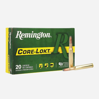 Remington Core-Lokt ammunition box with bullets on a white background