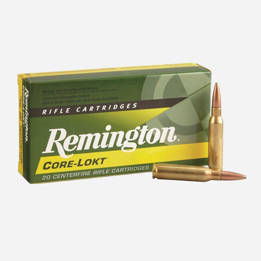Remington Core-Lokt rifle cartridges with packaging on a white background